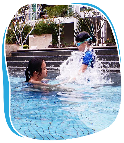 Friendly Dolphin swimming instructor ensuring safety and trust during swim lessons in pool