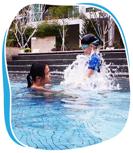 Friendly Dolphin swimming instructor ensuring safety and trust during swim lessons in pool
